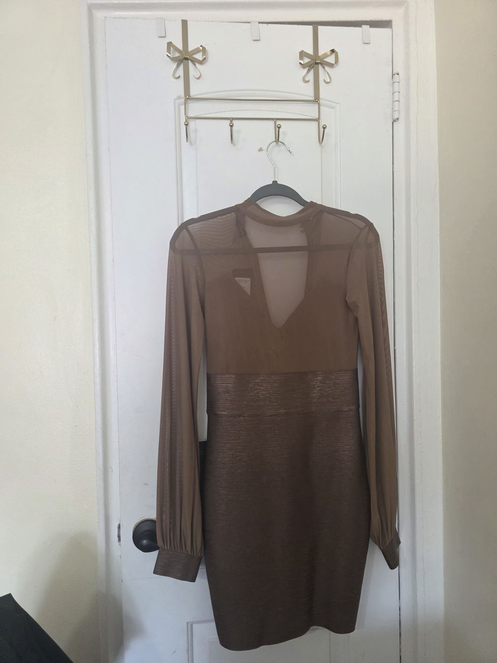 bebe Brown Long-Sleeve Mesh Bodice Sheath Dress